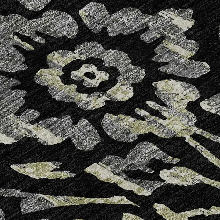 Black Gray And Beige Floral Washable Area Rug With UV Protection Photo 3