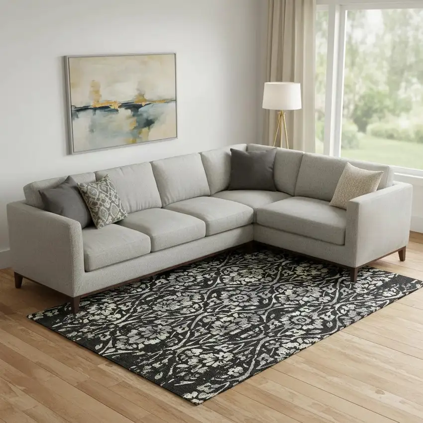 Black Gray And Beige Floral Washable Area Rug With UV Protection Photo 1