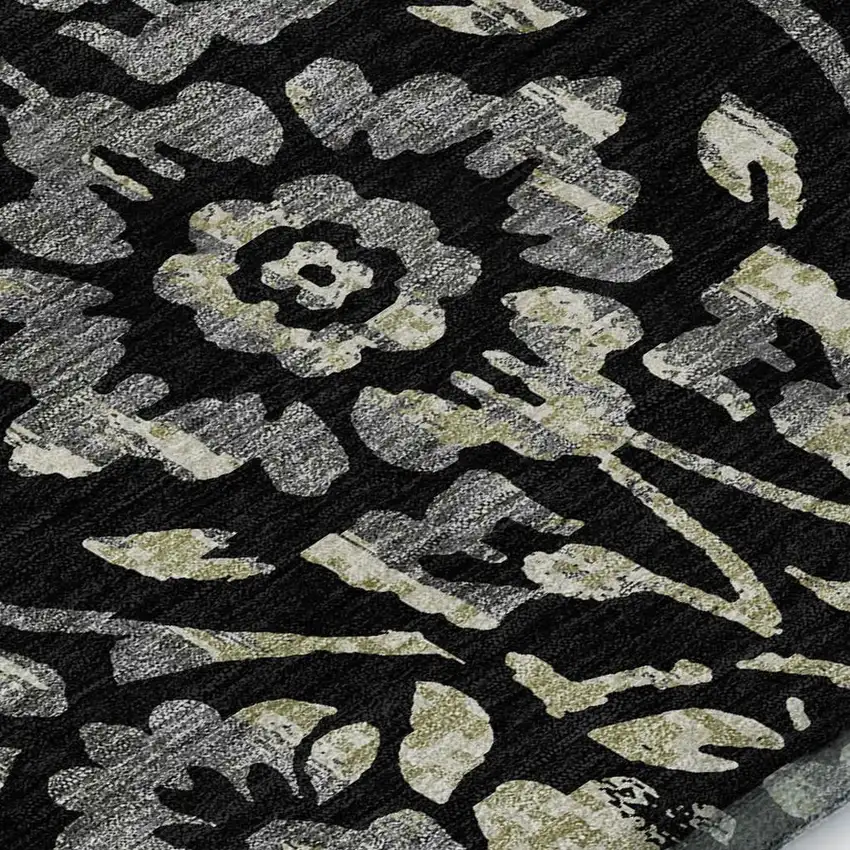 Black Gray And Beige Floral Washable Area Rug With UV Protection Photo 4