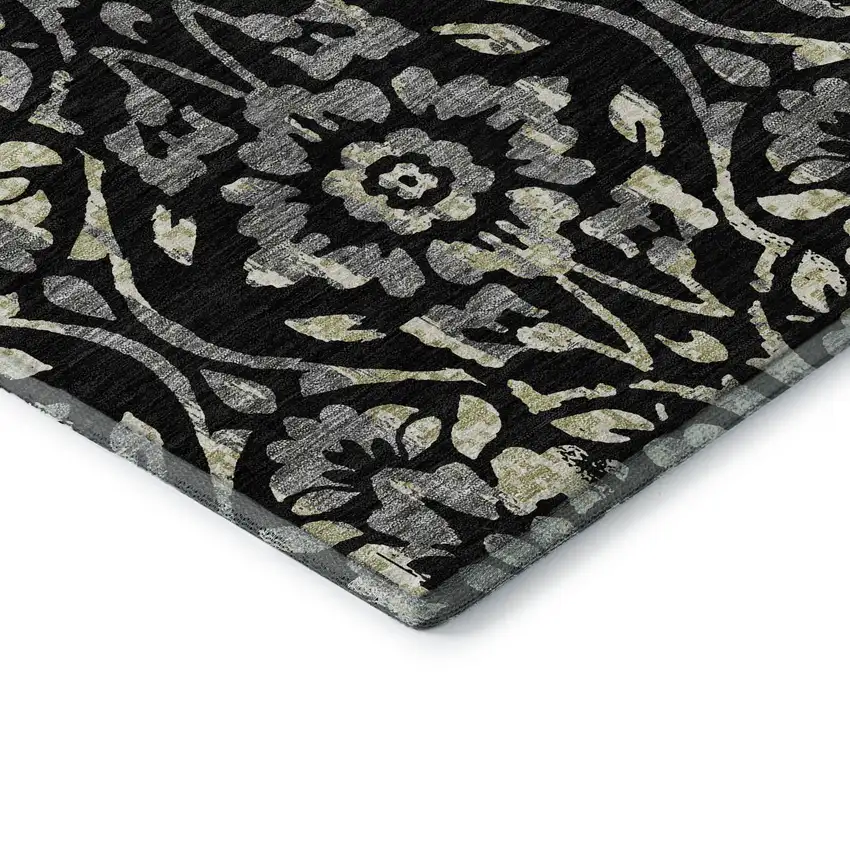 Black Gray And Beige Floral Washable Area Rug With UV Protection Photo 1