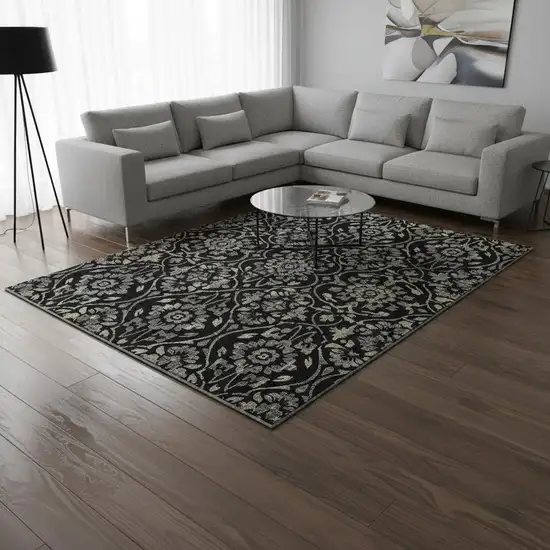 Black Gray And Beige Floral Washable Area Rug With UV Protection Photo 2