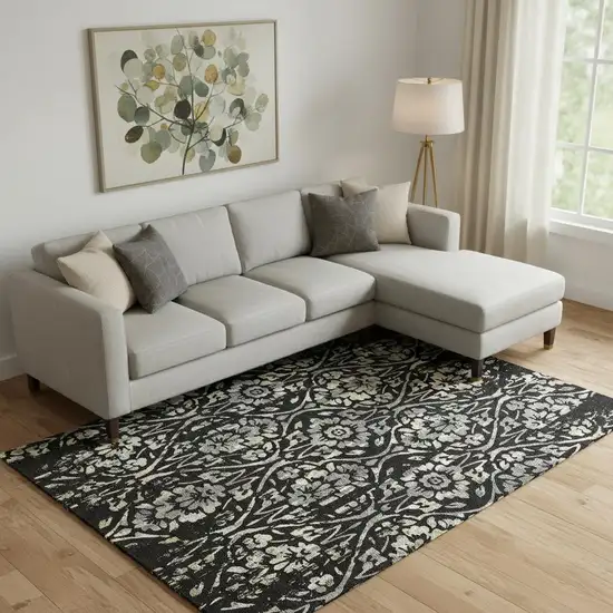 Black Gray And Beige Floral Washable Area Rug With UV Protection Photo 1