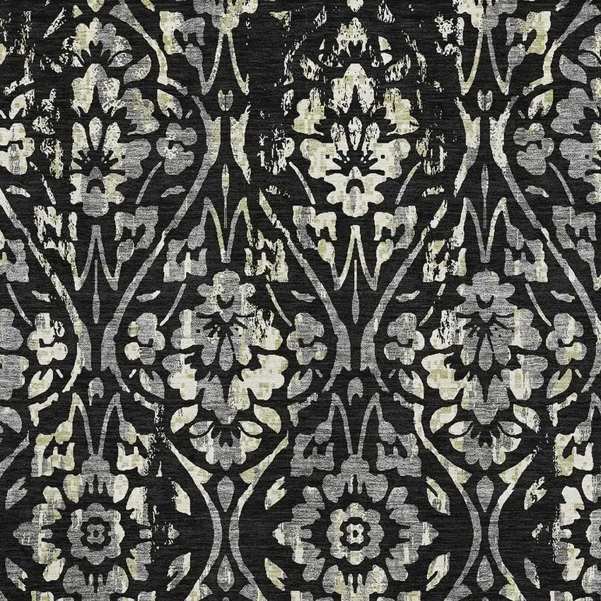 Black Gray And Beige Floral Washable Area Rug With UV Protection Photo 3