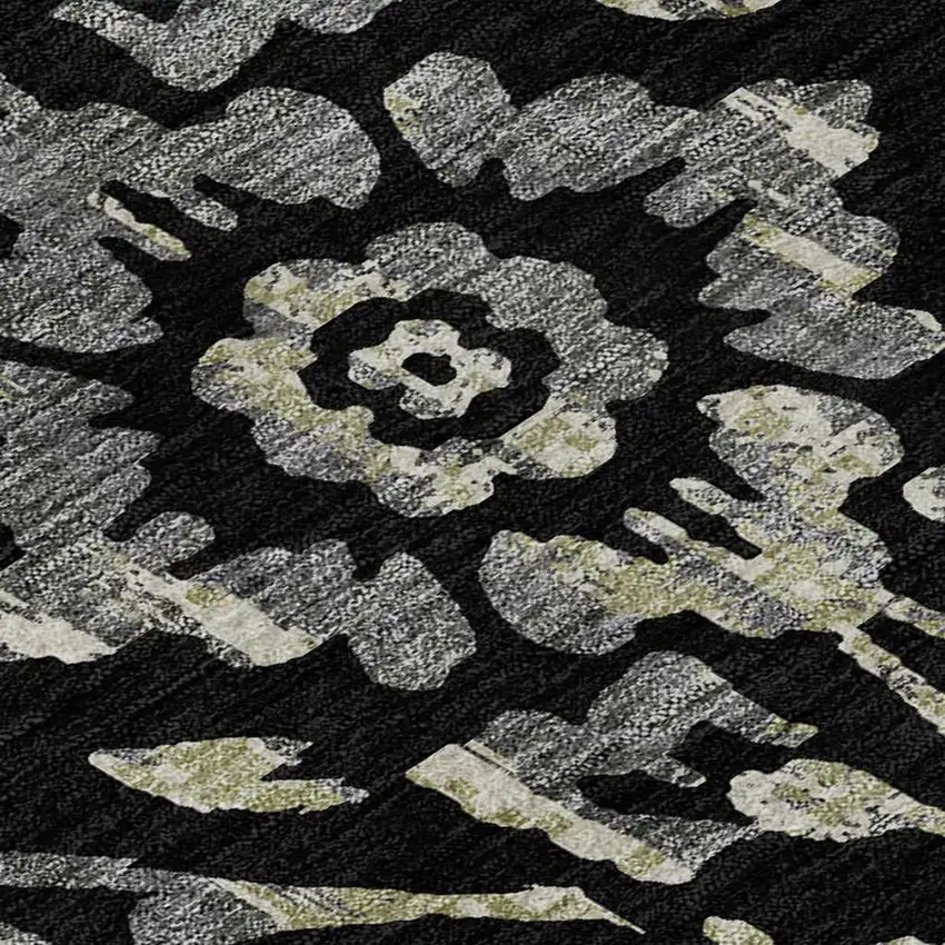 Black Gray And Beige Floral Washable Area Rug With UV Protection Photo 3
