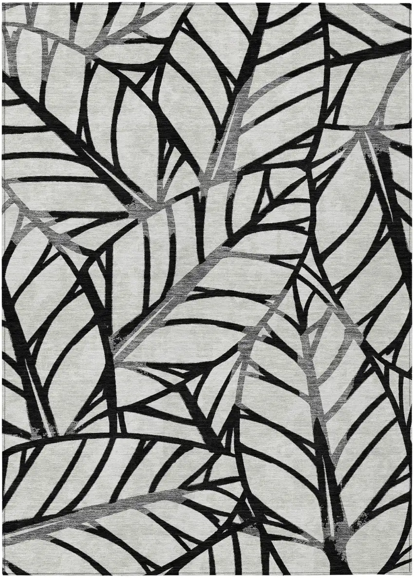 Black Gray And Beige Floral Washable Indoor Outdoor Area Rug Photo 1