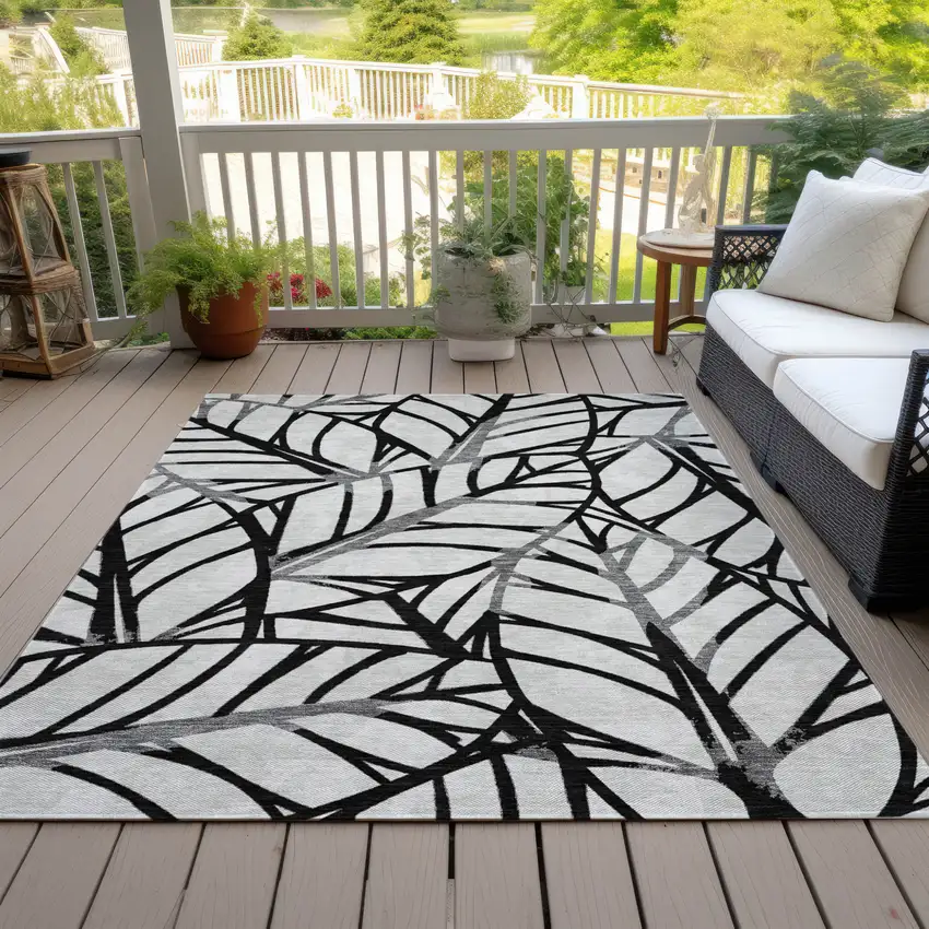Black Gray And Beige Floral Washable Indoor Outdoor Area Rug Photo 6