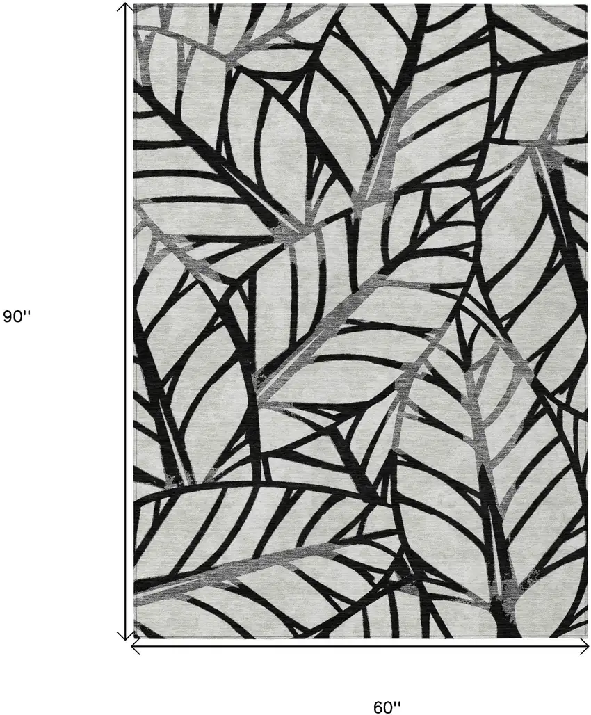 Black Gray And Beige Floral Washable Indoor Outdoor Area Rug Photo 3