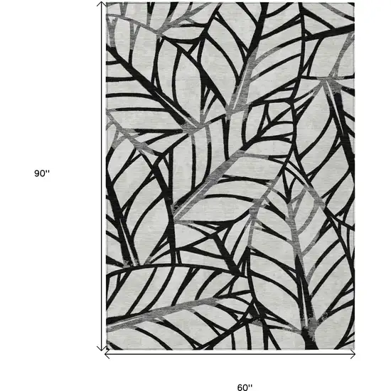 Black Gray And Beige Floral Washable Indoor Outdoor Area Rug Photo 3