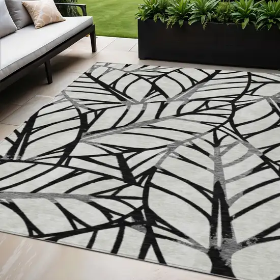 Black Gray And Beige Floral Washable Indoor Outdoor Area Rug Photo 1