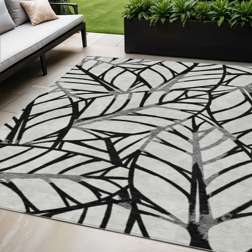Black Gray And Beige Floral Washable Indoor Outdoor Area Rug Photo 1