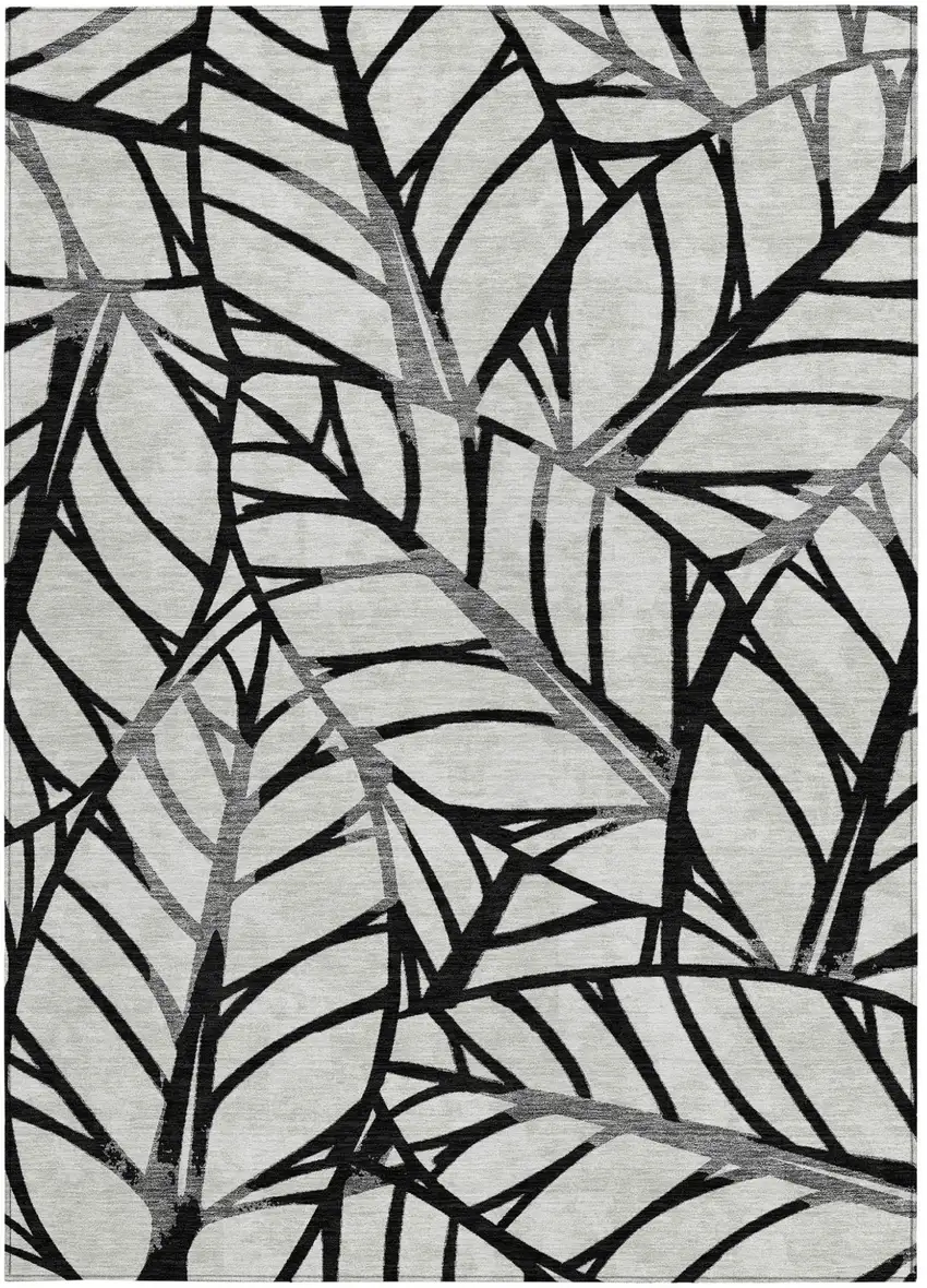 Black Gray And Beige Floral Washable Indoor Outdoor Area Rug Photo 5