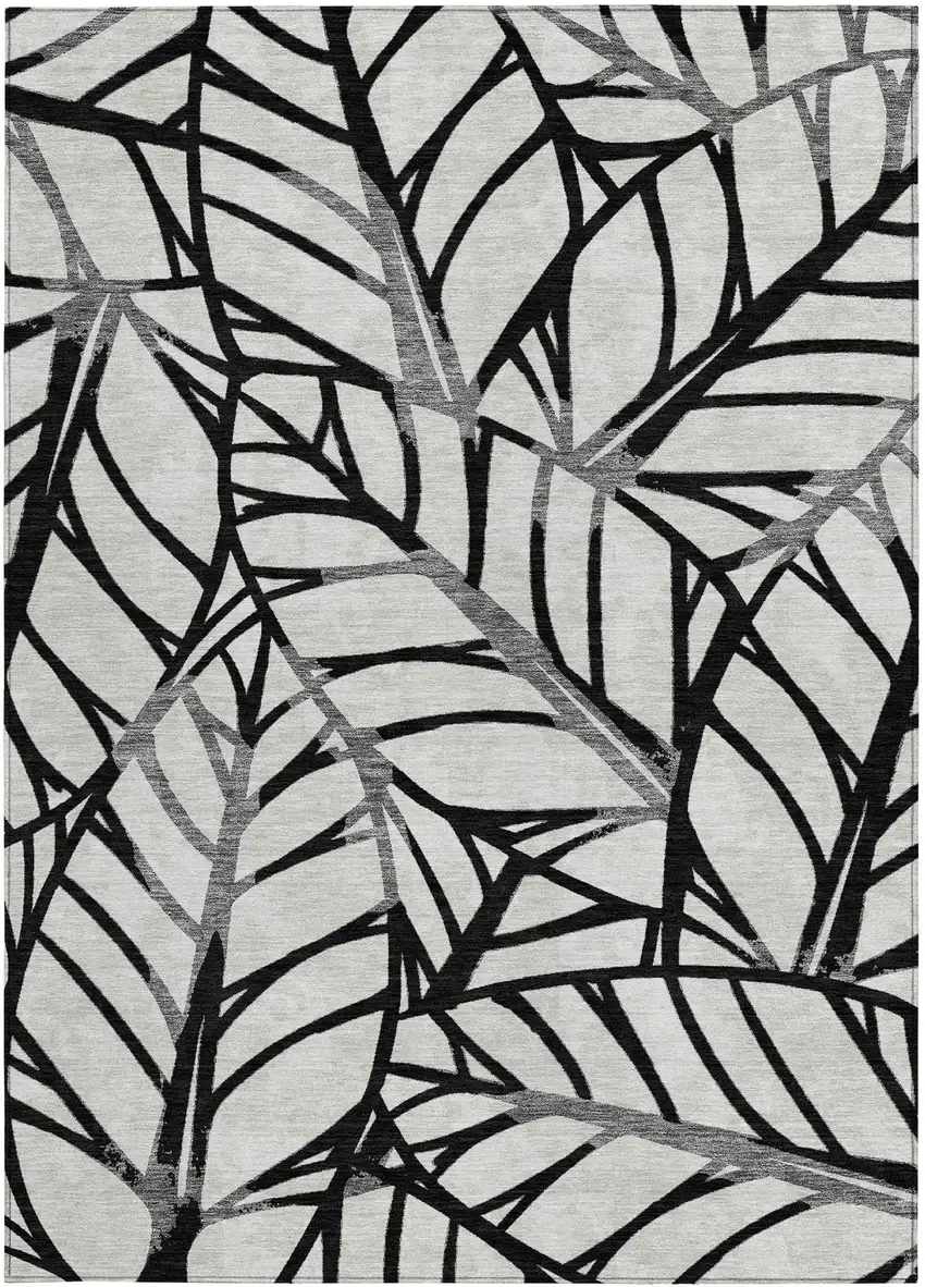 Black Gray And Beige Floral Washable Indoor Outdoor Area Rug Photo 5