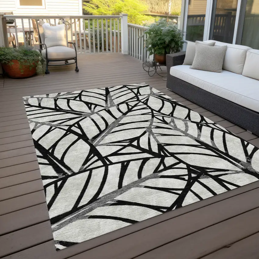 Black Gray And Beige Floral Washable Indoor Outdoor Area Rug Photo 9