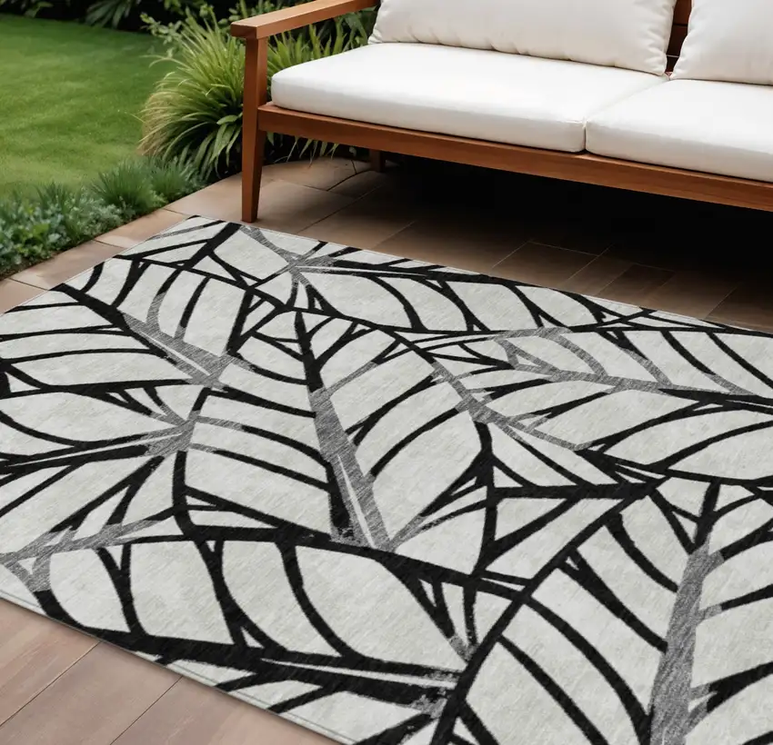 Black Gray And Beige Floral Washable Indoor Outdoor Area Rug Photo 1