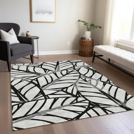 Black Gray And Beige Floral Washable Indoor Outdoor Area Rug Photo 8