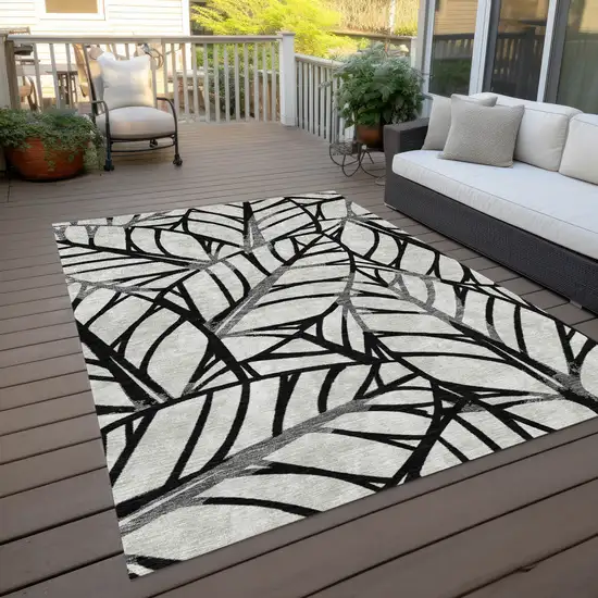 Black Gray And Beige Floral Washable Indoor Outdoor Area Rug Photo 9