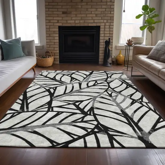 Black Gray And Beige Floral Washable Indoor Outdoor Area Rug Photo 7