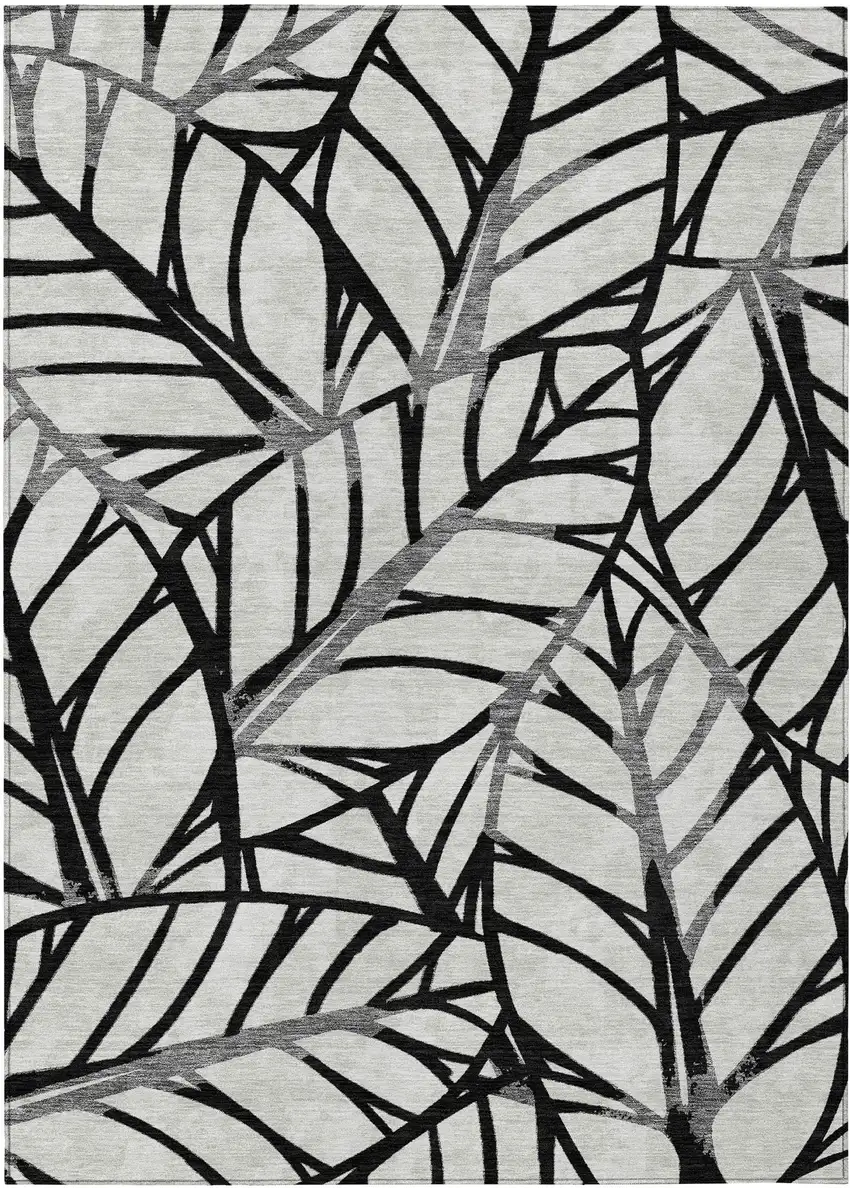 Black Gray And Beige Floral Washable Indoor Outdoor Area Rug Photo 1