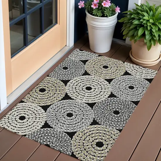 Black Gray And Beige Geometric Washable Indoor Outdoor Area Rug Photo 1
