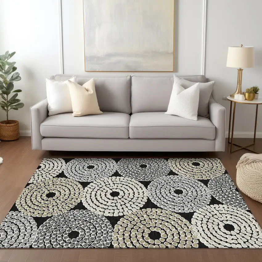 Black Gray And Beige Geometric Washable Indoor Outdoor Area Rug Photo 9