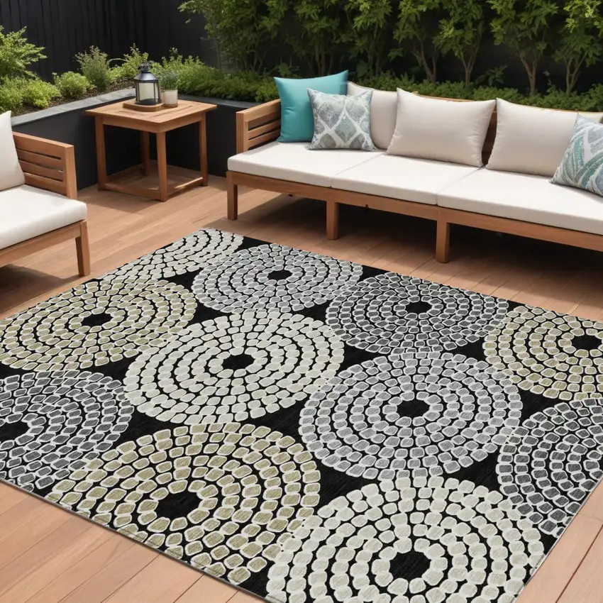 Black Gray And Beige Geometric Washable Indoor Outdoor Area Rug Photo 1