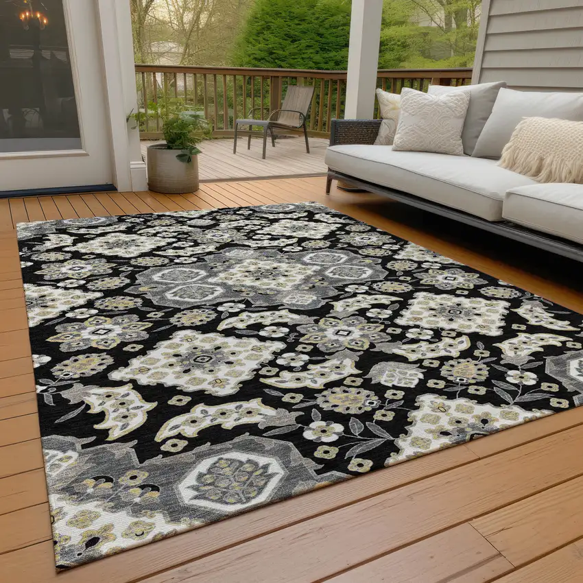 Black Gray And Beige Medallion Washable Indoor Outdoor Area Rug Photo 8