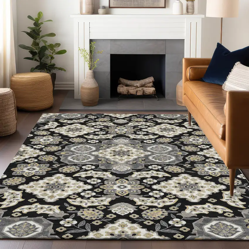 Black Gray And Beige Medallion Washable Indoor Outdoor Area Rug Photo 6