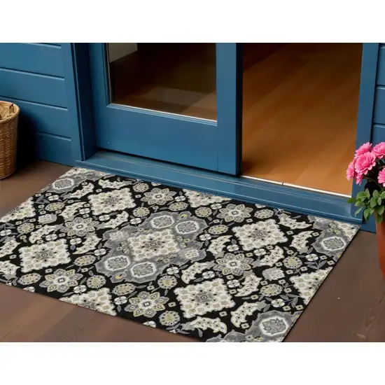 Black Gray And Beige Medallion Washable Indoor Outdoor Area Rug Photo 2