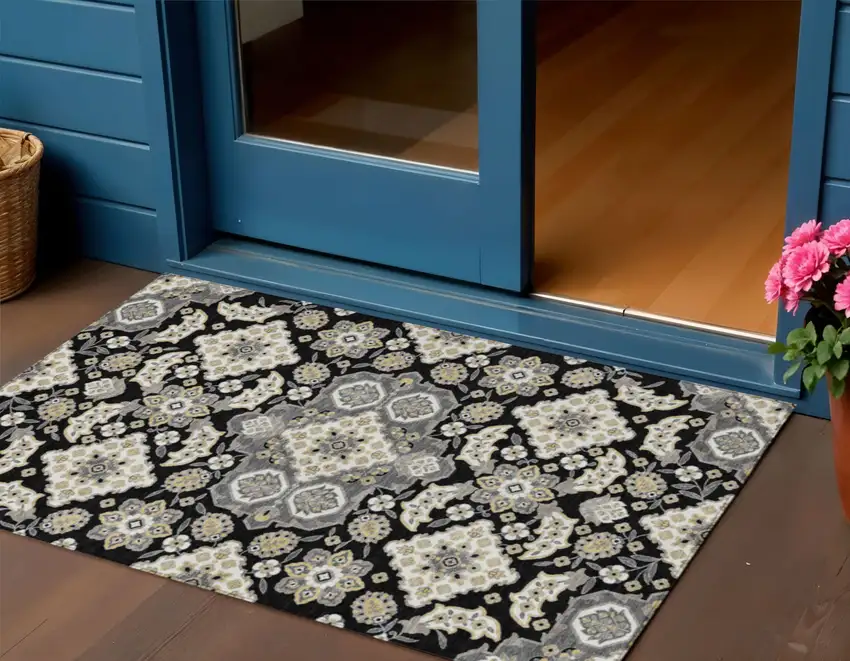 Black Gray And Beige Medallion Washable Indoor Outdoor Area Rug Photo 2
