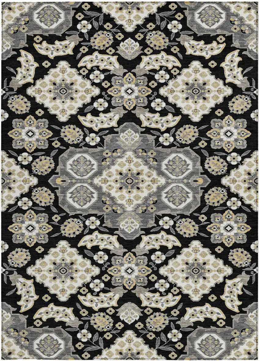 Black Gray And Beige Medallion Washable Indoor Outdoor Area Rug Photo 3