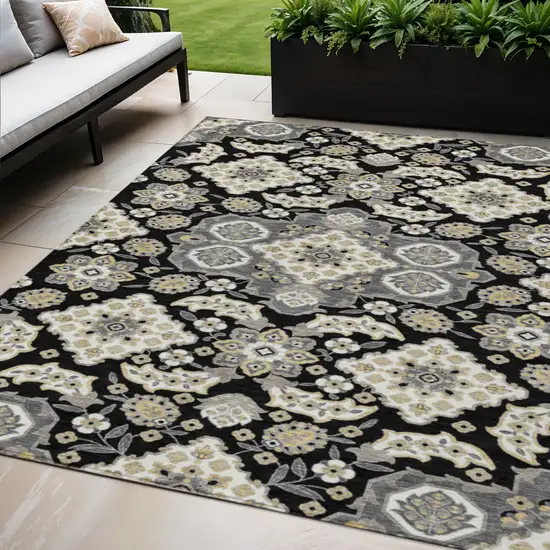 Black Gray And Beige Medallion Washable Indoor Outdoor Area Rug Photo 2
