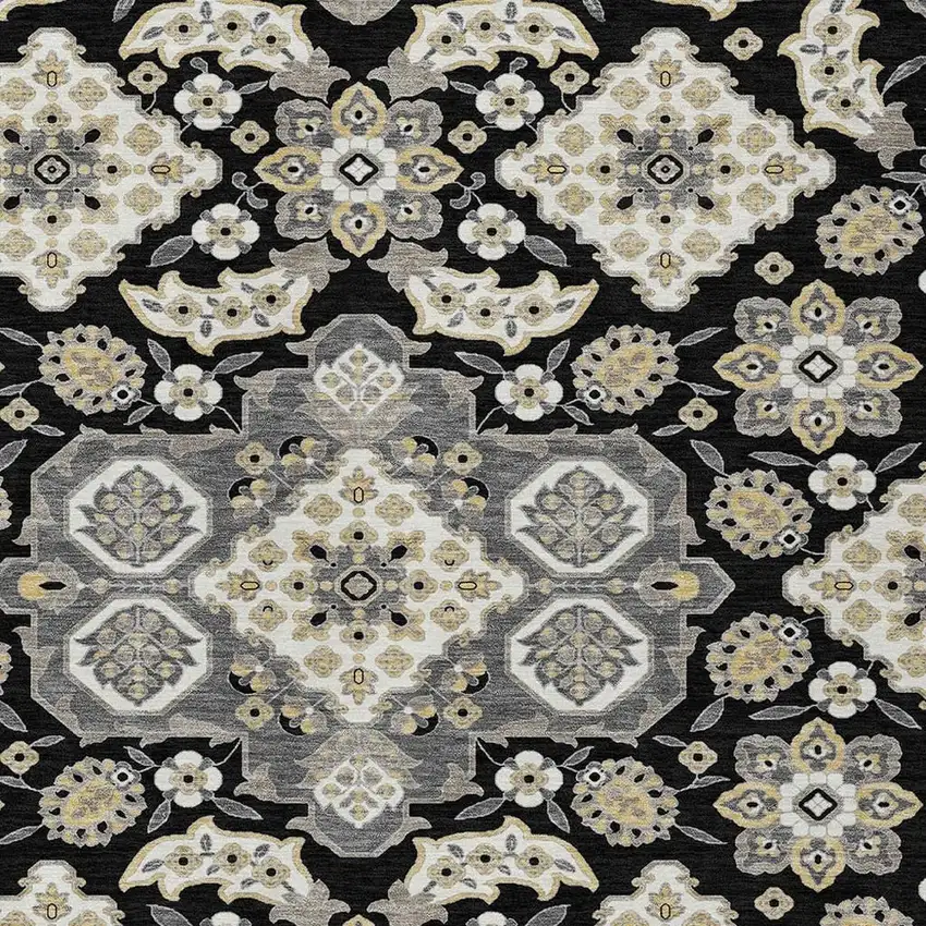 Black Gray And Beige Medallion Washable Indoor Outdoor Area Rug Photo 4