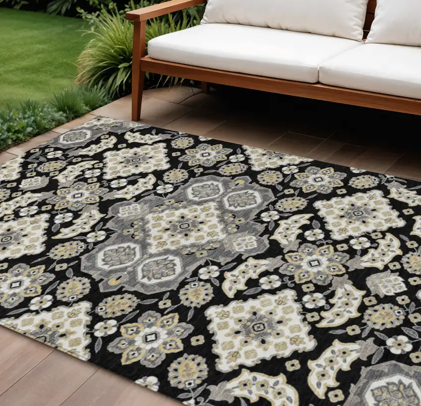 Black Gray And Beige Medallion Washable Indoor Outdoor Area Rug Photo 2