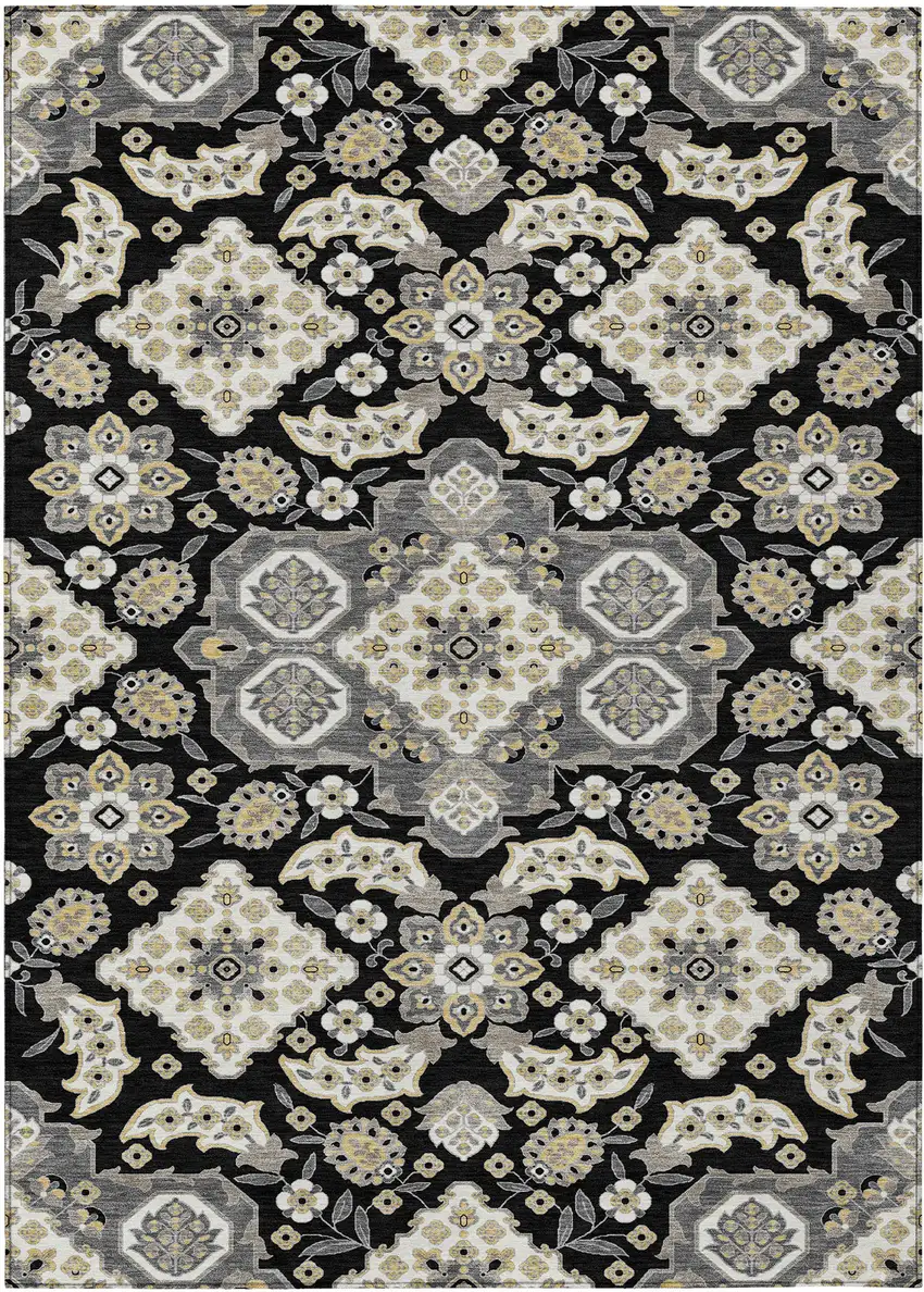Black Gray And Beige Medallion Washable Indoor Outdoor Area Rug Photo 1