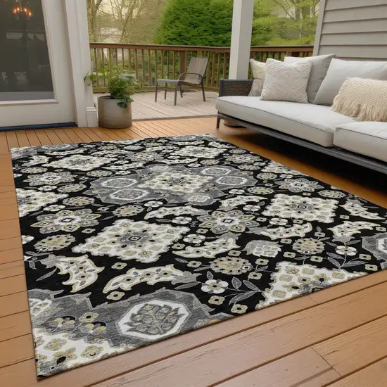 Black Gray And Beige Medallion Washable Indoor Outdoor Area Rug Photo 8