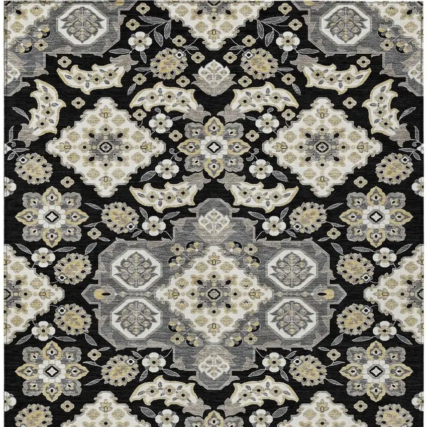 Black Gray And Beige Medallion Washable Indoor Outdoor Area Rug Photo 4