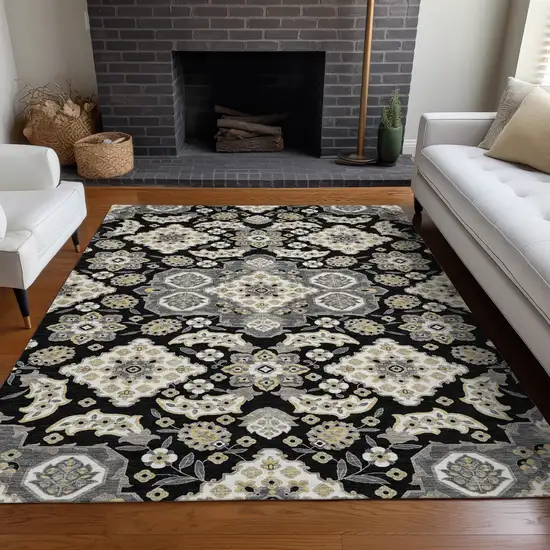 Black Gray And Beige Medallion Washable Indoor Outdoor Area Rug Photo 7