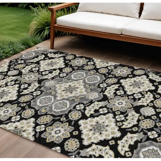 Black Gray And Beige Medallion Washable Indoor Outdoor Area Rug Photo 2