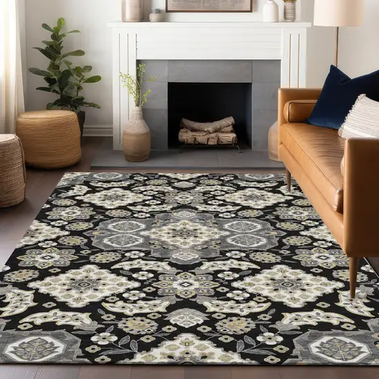 Black Gray And Beige Medallion Washable Indoor Outdoor Area Rug Photo 6