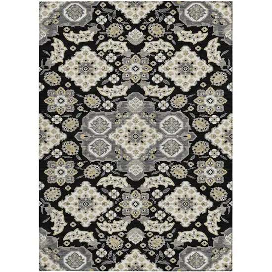Black Gray And Beige Medallion Washable Indoor Outdoor Area Rug Photo 3