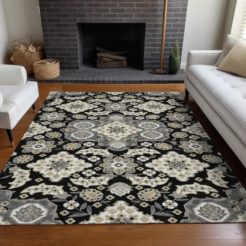 Black Gray And Beige Medallion Washable Indoor Outdoor Area Rug Photo 7