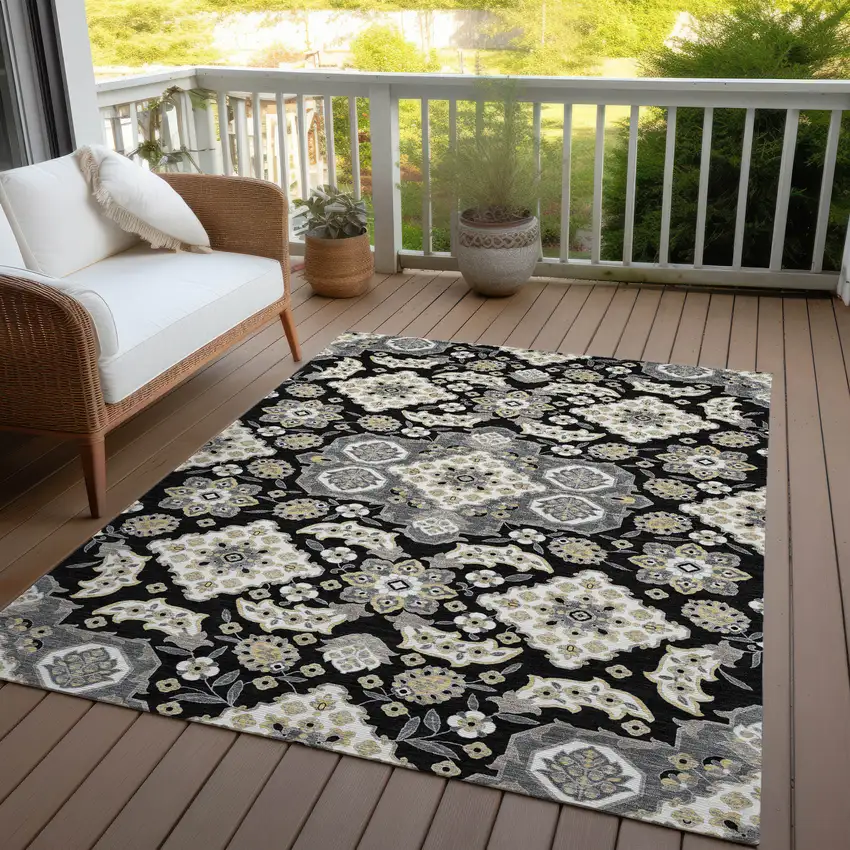 Black Gray And Beige Medallion Washable Indoor Outdoor Area Rug Photo 5