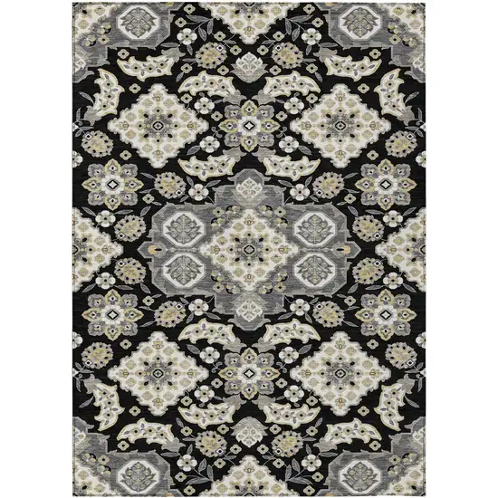 Black Gray And Beige Medallion Washable Indoor Outdoor Area Rug Photo 1