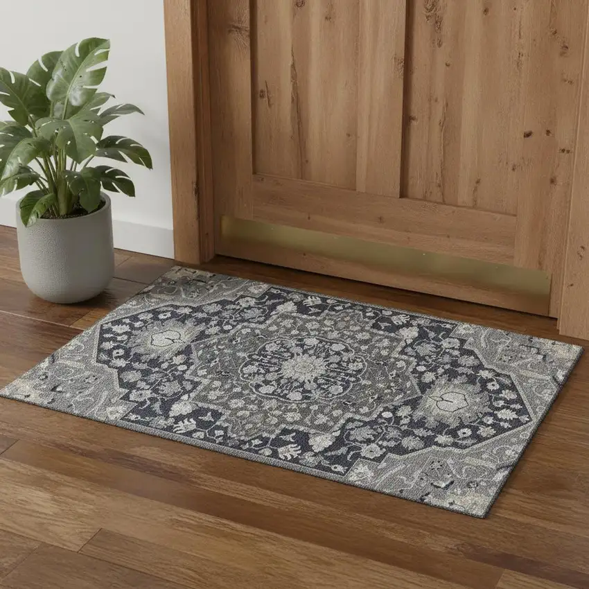 Black Gray And Beige Oriental Washable Area Rug With UV Protection Photo 1