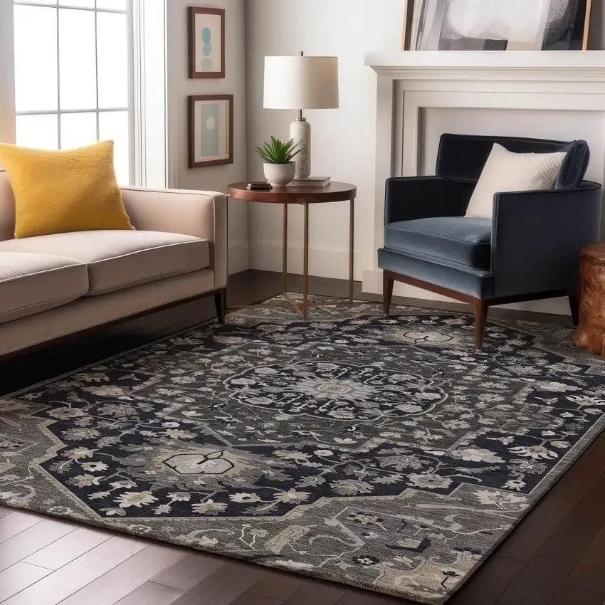 Black Gray And Beige Oriental Washable Area Rug With UV Protection Photo 4