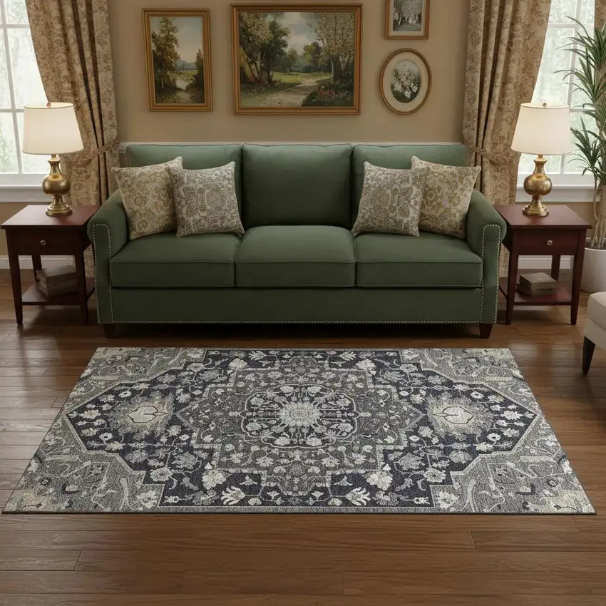 Black Gray And Beige Oriental Washable Area Rug With UV Protection Photo 2