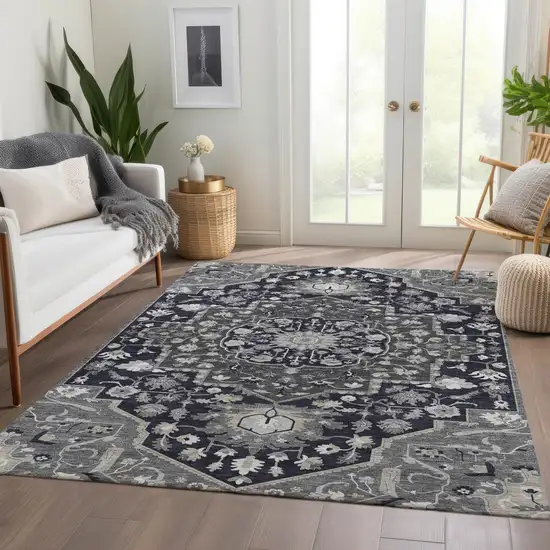 Black Gray And Beige Oriental Washable Area Rug With UV Protection Photo 5