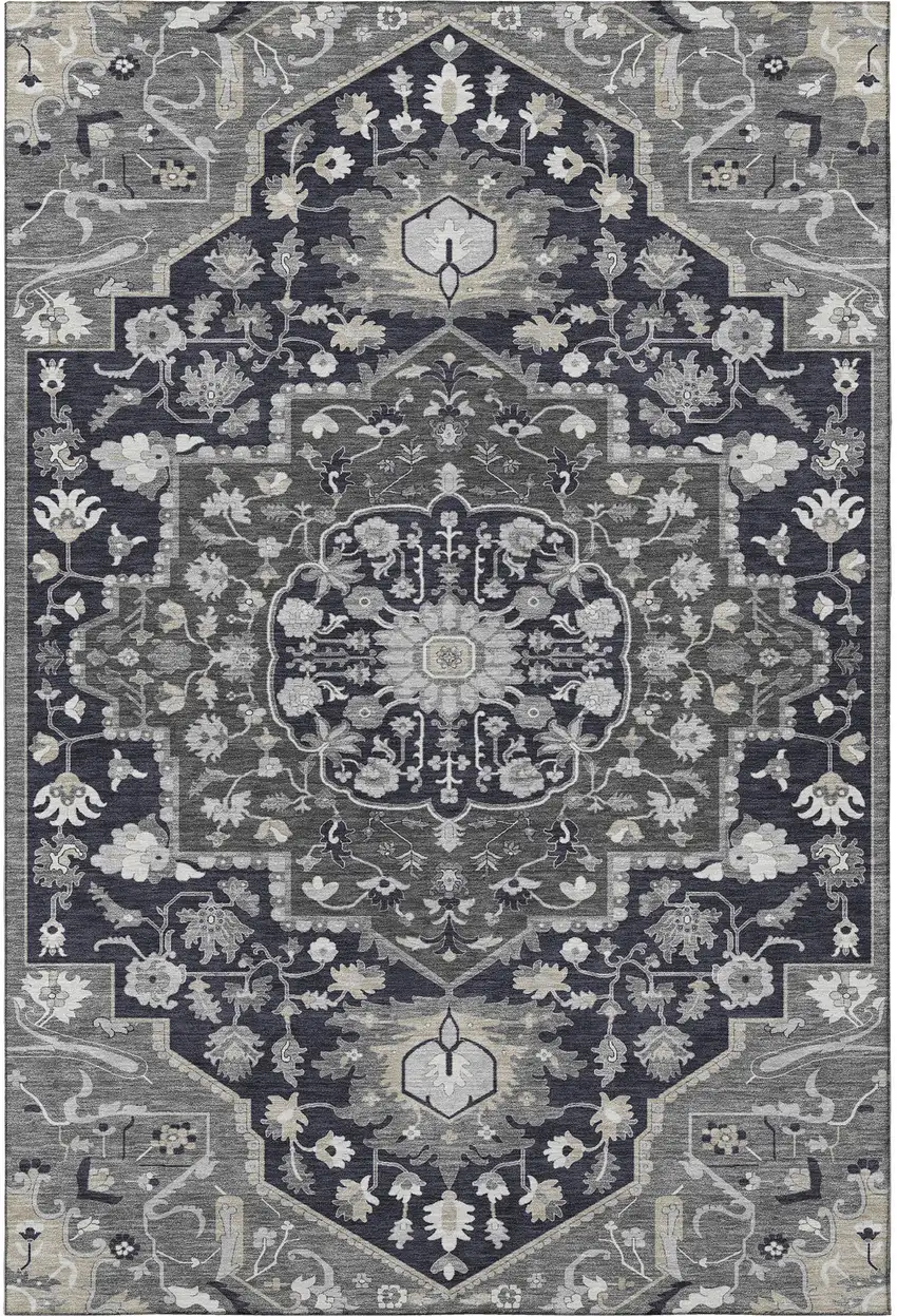 Black Gray And Beige Oriental Washable Area Rug With UV Protection Photo 3