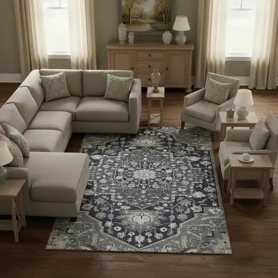 Black Gray And Beige Oriental Washable Area Rug With UV Protection Photo 2