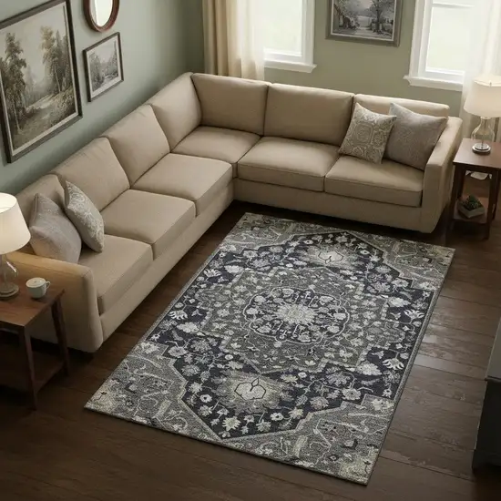 Black Gray And Beige Oriental Washable Area Rug With UV Protection Photo 2